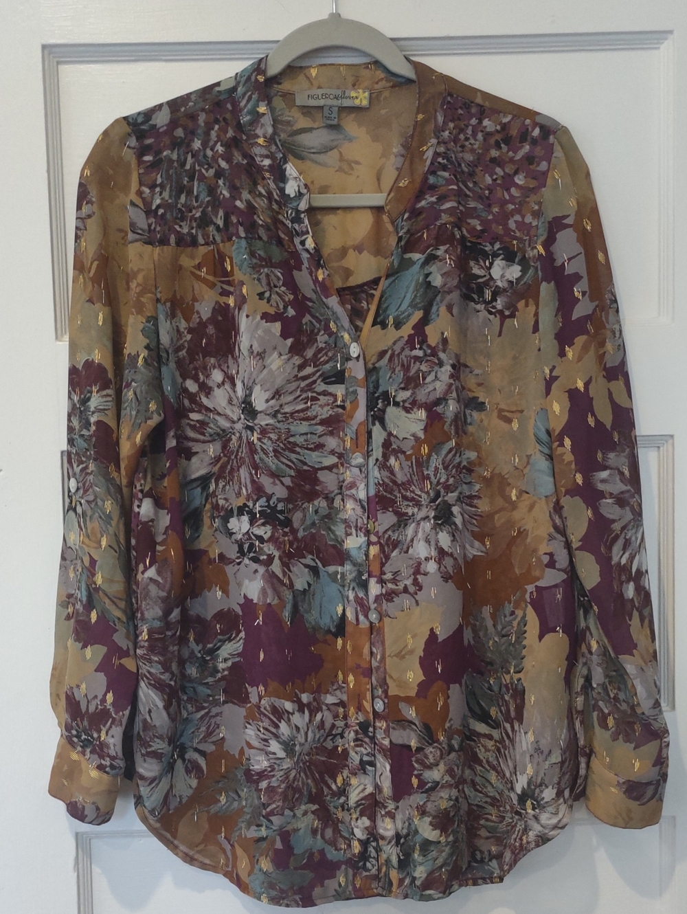 Figleaves Floral Button-Down Shirt in Mustard & Plum